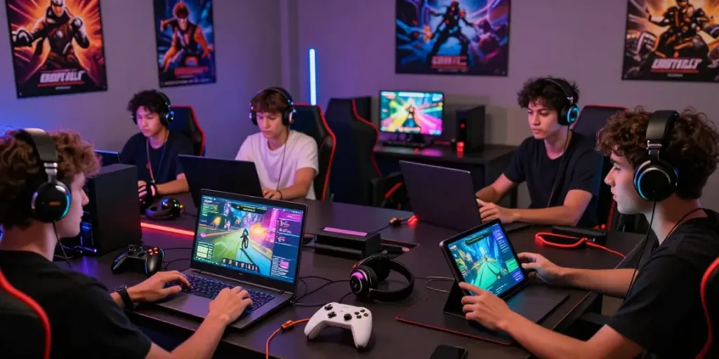 Engaged players enjoying batman138 online gaming experience in a vibrant lounge.
