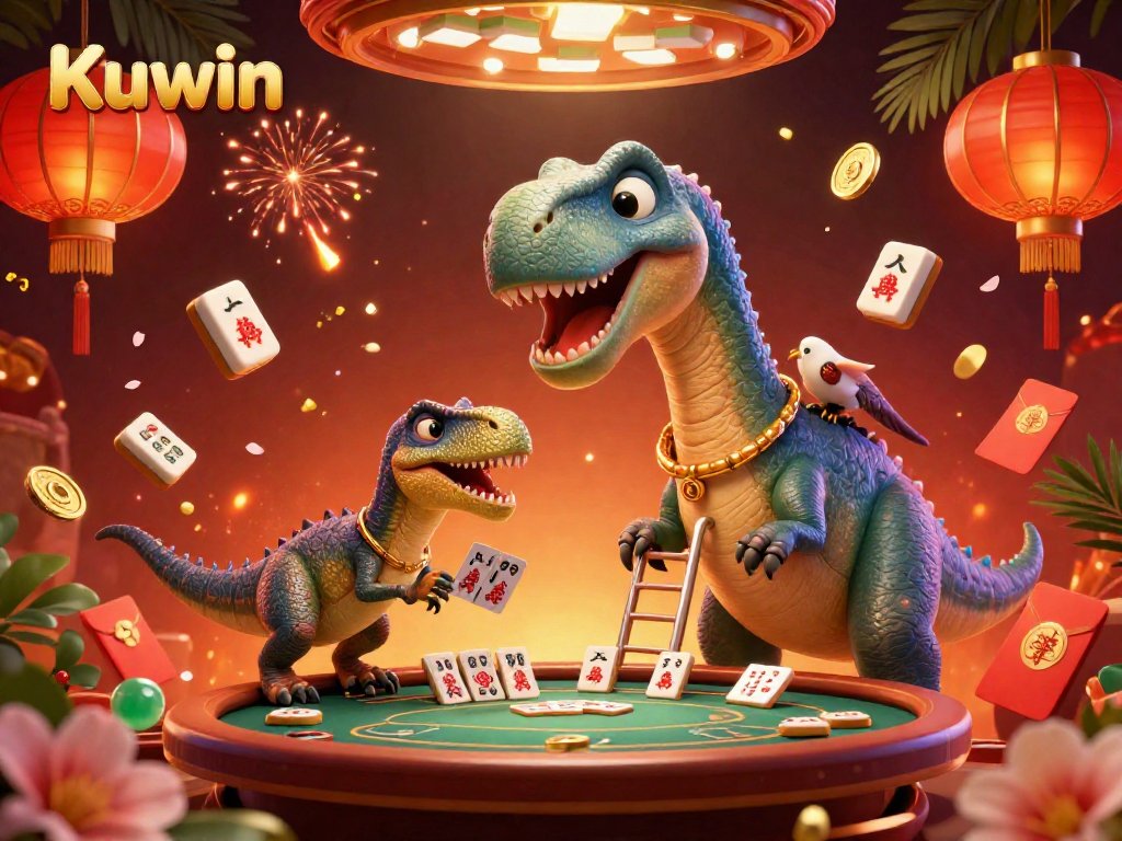 Kuwin Casino illustrated with a giant brontosaurus overseeing gameplay and a clever raptor dealing cards.