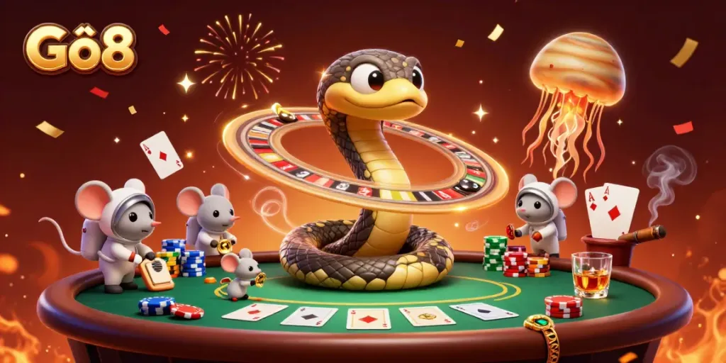 Experience the excitement of Gô8 with a vibrant cosmic casino scene showcasing gambling and betting activities.
