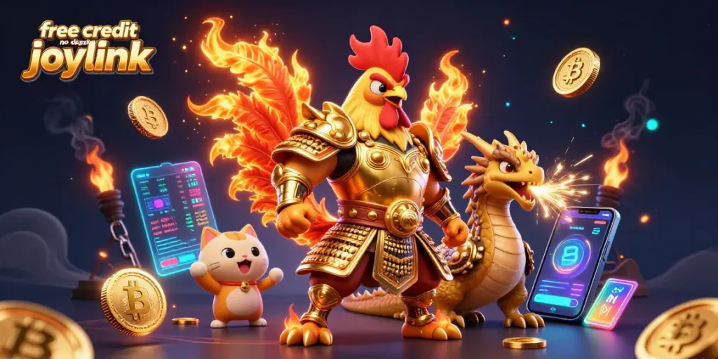 Engage with free credit no deposit joylink offers through a vibrant 3D illustration of casino characters and crypto elements.