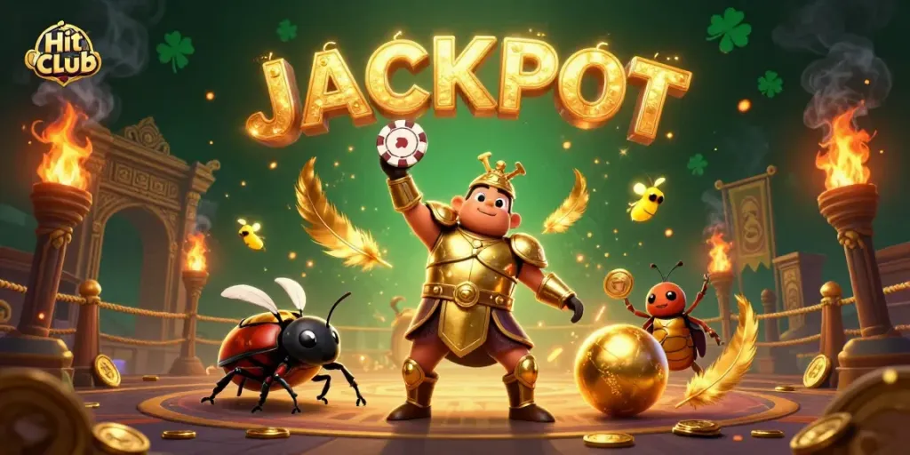 Achieve victories at Hit Club with the powerful hercules beetle and golden elements in a vibrant casino scene.