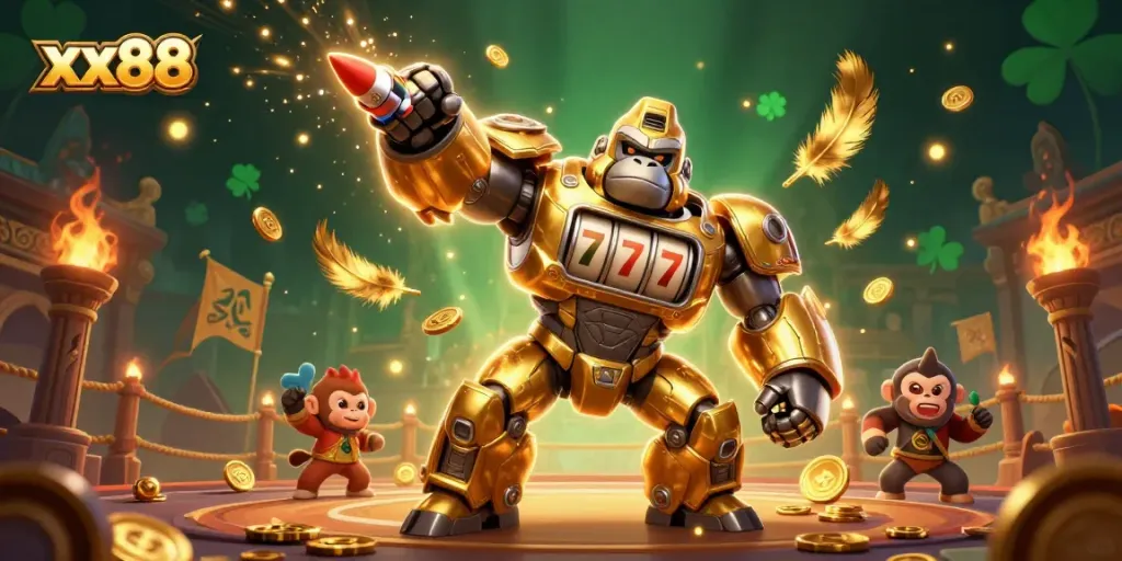 xx88 gaming illustration featuring a dynamic golden gorilla mech and slot machine elements
