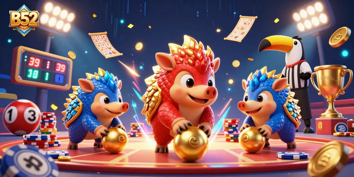 Engage in B52 lottery action with dynamic pangolins and vibrant gaming elements.