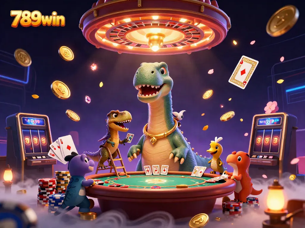 Experience thrilling gameplay with 789win, illustrated by a cartoon dinosaur and vibrant gaming elements.