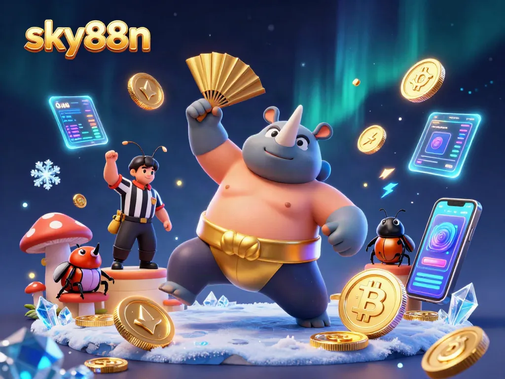 Experience exciting gameplay with sky88n as a rhinoceros beetle champion wins coins in a dazzling digital atmosphere.