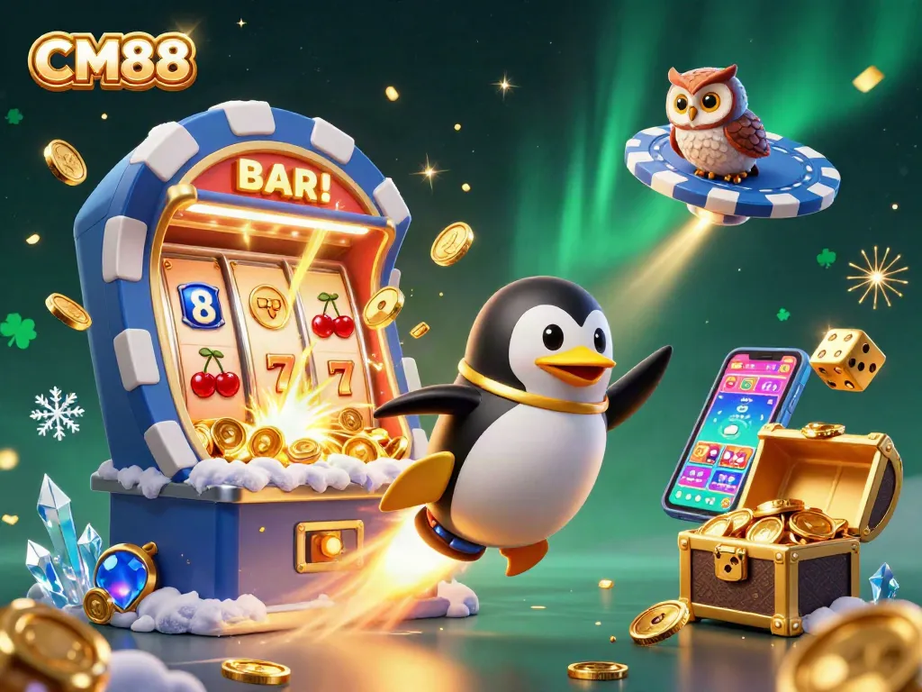 Experience CM88 with a vibrant casino scene featuring a golden penguin and slot machine extravaganza.