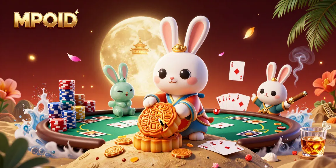 Experience the excitement of MPOID with a dynamic poker scene featuring animated moon rabbit characters.