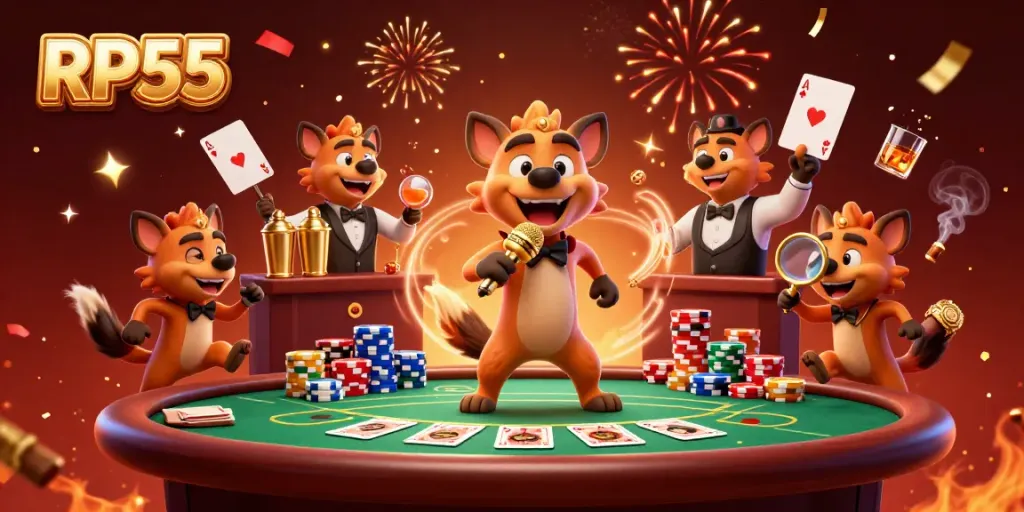 Enjoying lively casino entertainment with RP55's vibrant hyena characters and poker elements.