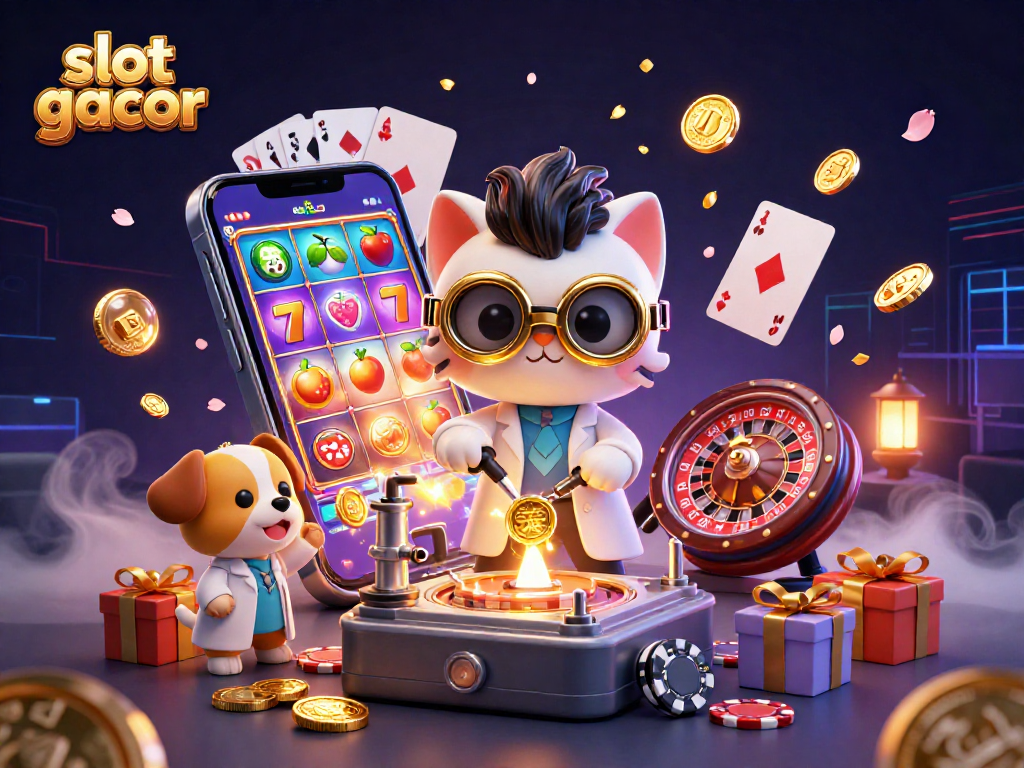 Experience slot gacor excitement with golden coins erupting, as characters celebrate big wins in dynamic 3D illustration.