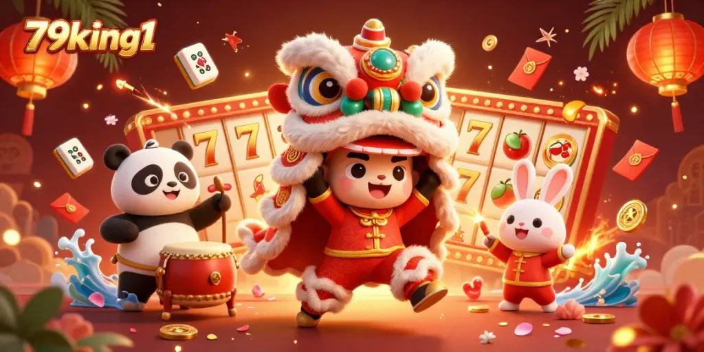 Experience thrilling slots with vibrant characters and festive elements in 79king1 casino illustration.