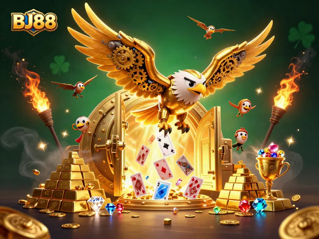 Experience thrilling gameplay at BJ88 with dynamic holographic playing cards and golden treasures.