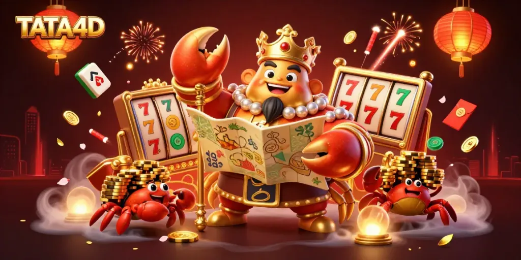 TATA4D showcases an exciting scene of a golden crab emperor presiding over a slot gaming celebration with vibrant casino elements.