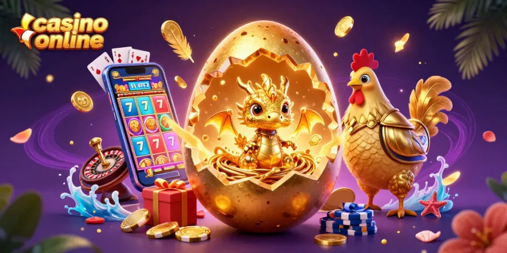 Permainan kasino online yang menarik dengan naga emas, chip poker, dan permainan slot interaktif