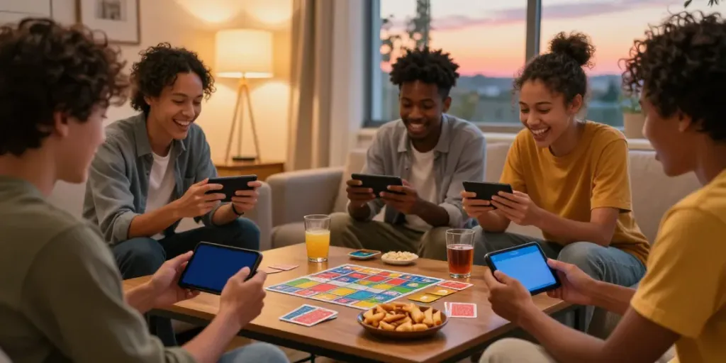 Friends enjoy playing rumble rummy app together in a cozy living room.