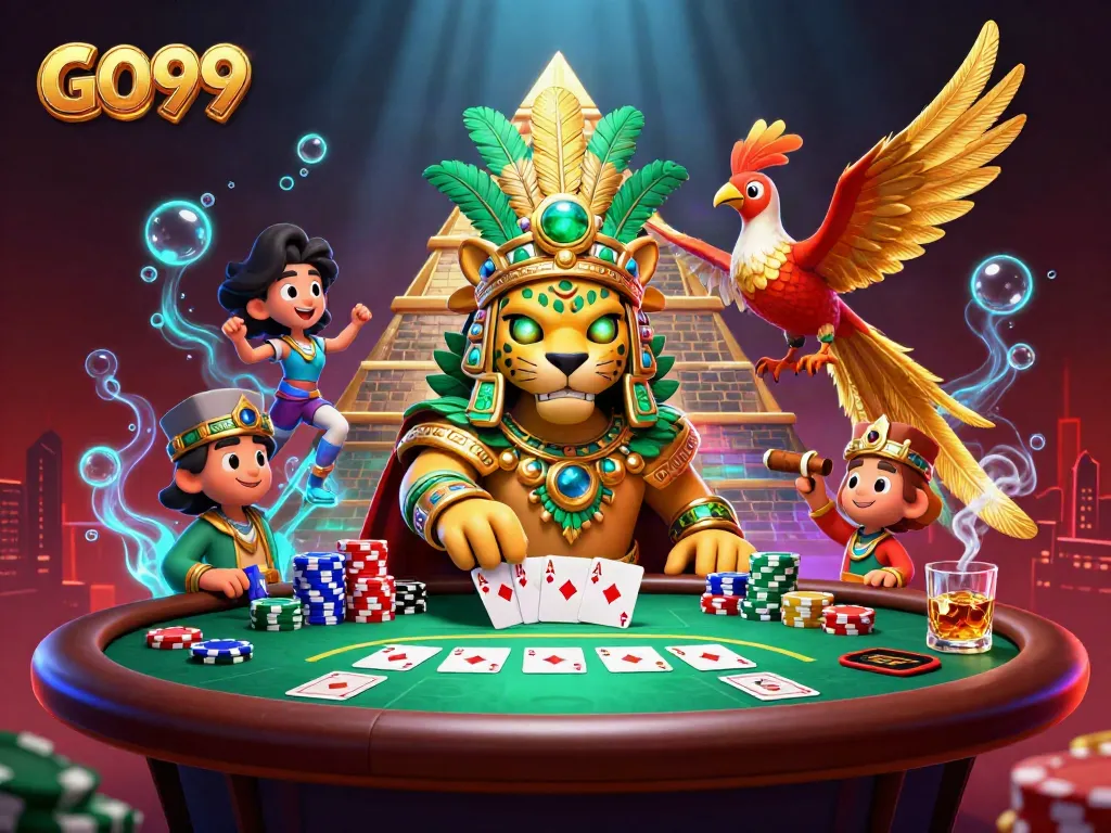 Engage in high-stakes poker with GO99, featuring a majestic Mayan jaguar priest and dynamic elements.