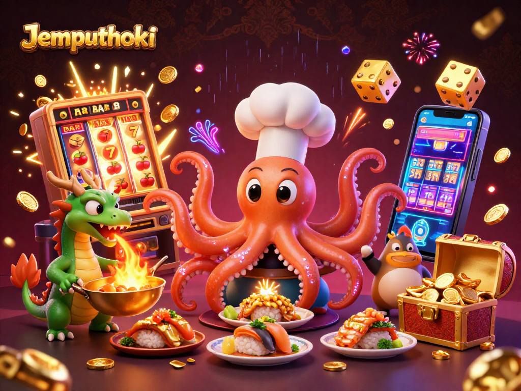 Jemputhoki showcases high-stakes action with cartoon octopus and dragon amid a dazzling casino atmosphere.