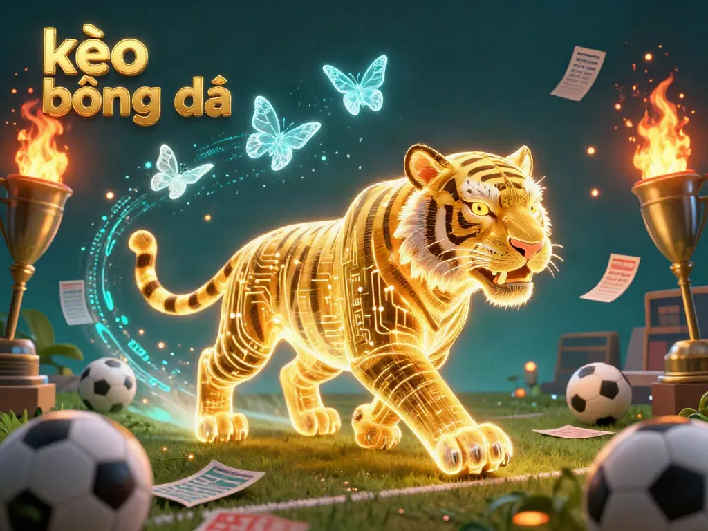 Engage with kèo bóng đá as a neon golden tiger leads a vibrant sports betting scene filled with dynamic elements.