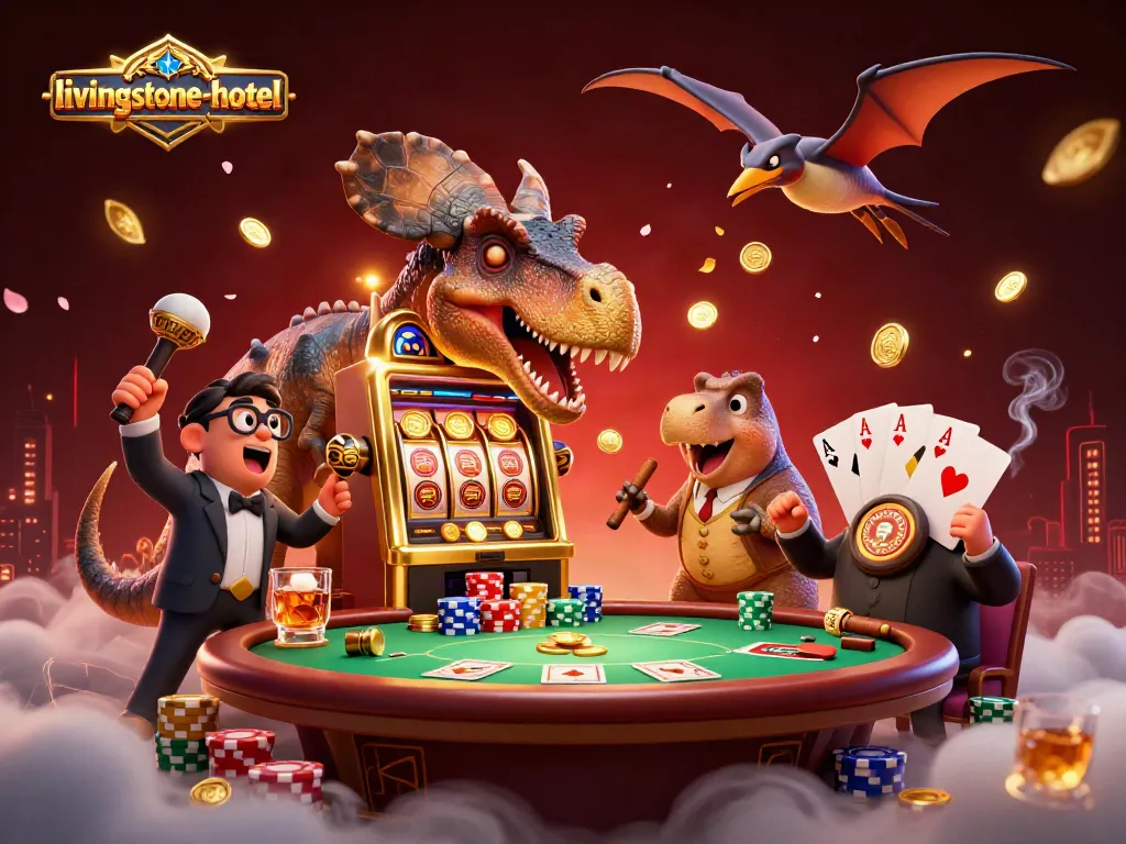 Royal Livingstone Hotel memperlihatkan dinosaurus bermain mesin slot dengan efek jackpot yang dramatis.