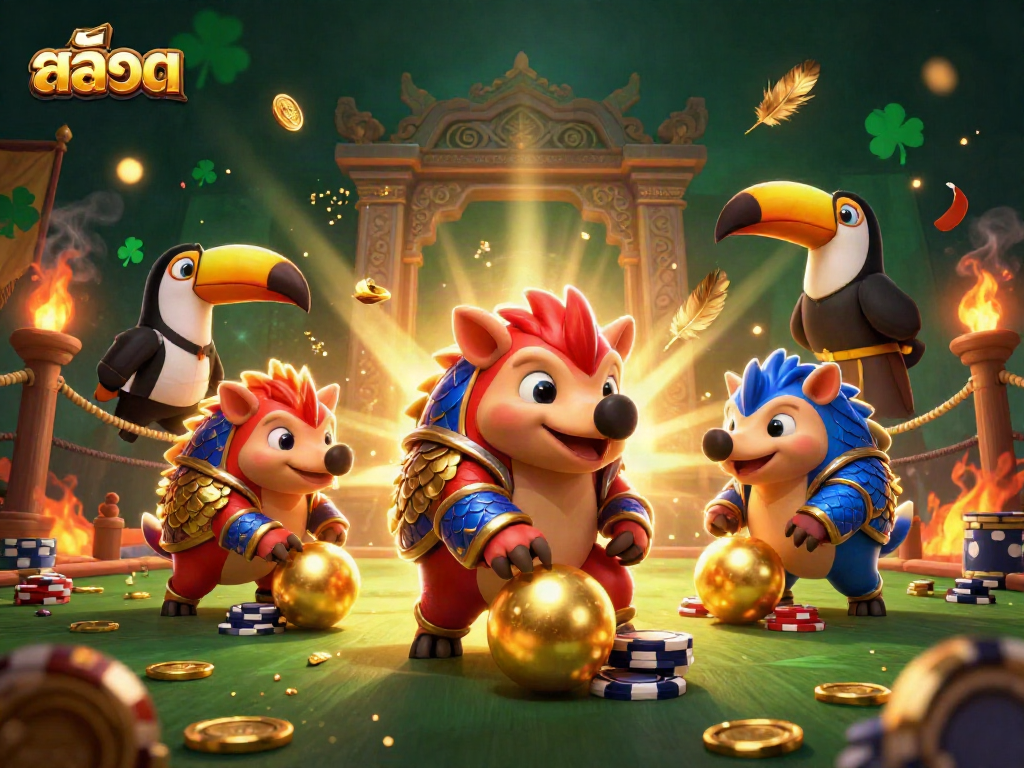 Engaging สล็อต gaming scene with rival pangolins competing amidst golden coins and vibrant casino elements.