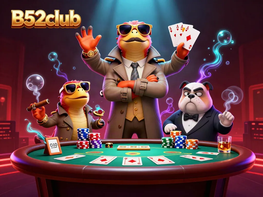 B52club raptors cheekily entering a VIP lounge, surrounded by poker elements