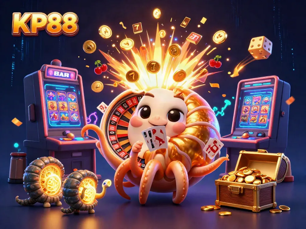 Experience thrilling wins at KP88 with a golden roulette nautilus and cascading jackpots in a vibrant casino scene.