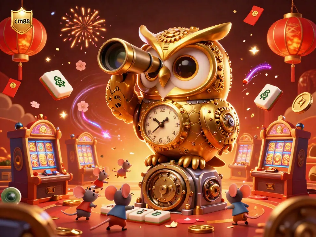 Experience cm88 gaming with a lively 3D illustration featuring a golden owl, slot machines, and festive elements.