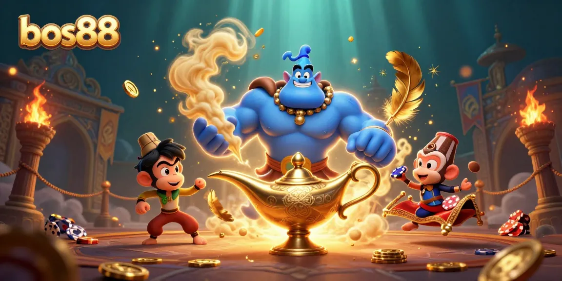 Rasakan keseruan bos88 dalam suasana kasino yang hidup dengan lampu genie dan chip poker bertebaran.