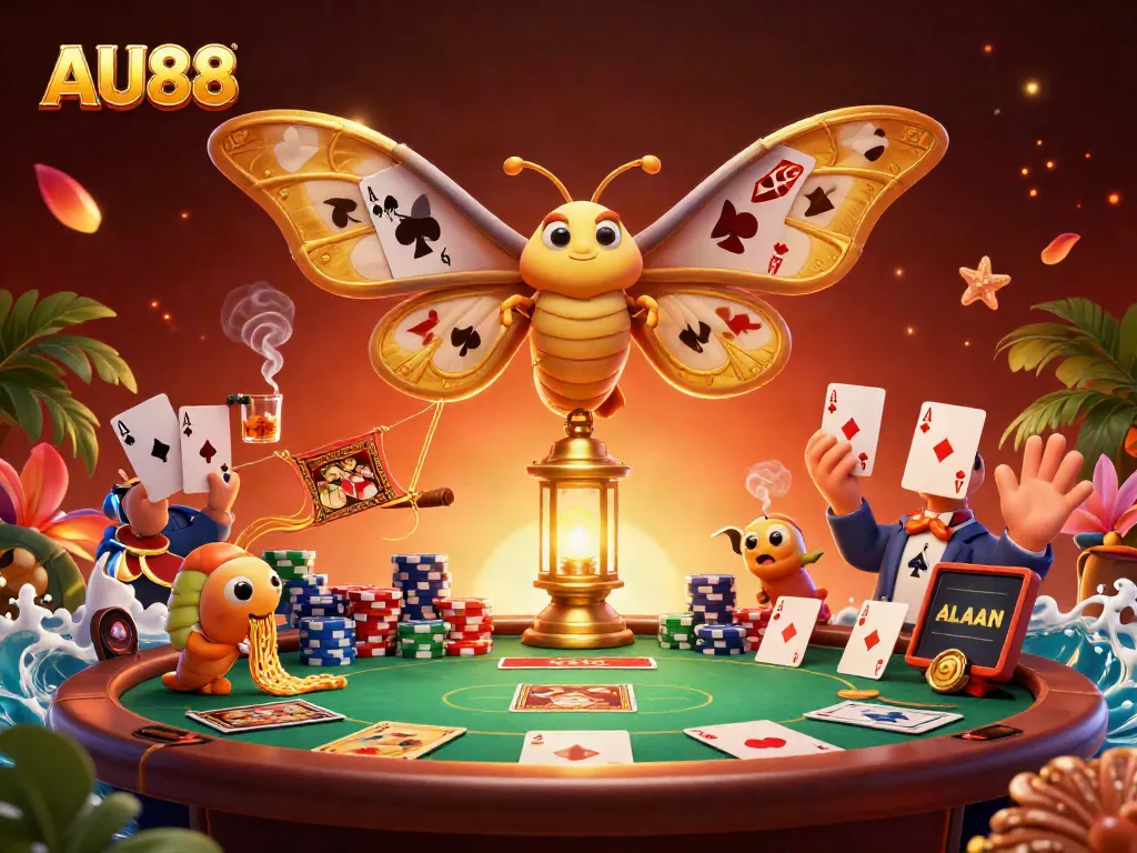 Experience the vibrant energy of AU88 as golden moths illuminate a casino scene filled with poker action.
