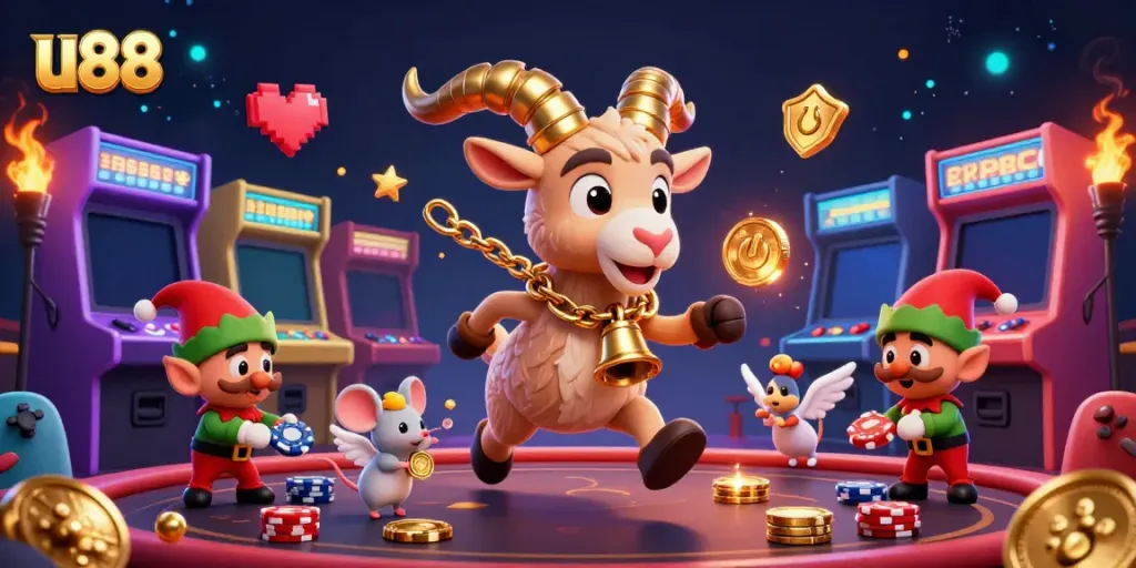 Experience the excitement at u88 casino with a 3D scene of a Krampus goat and gremlin thieves.