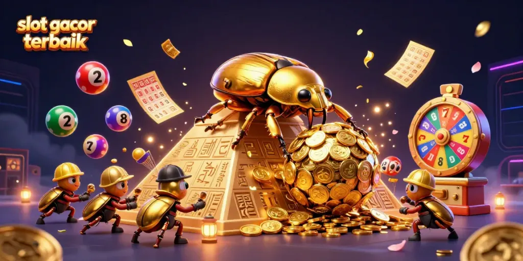 Permainan slot gacor terbaik dengan karakter unik dan simbol kasino terbarukan dalam ilustrasi 3D yang menarik.