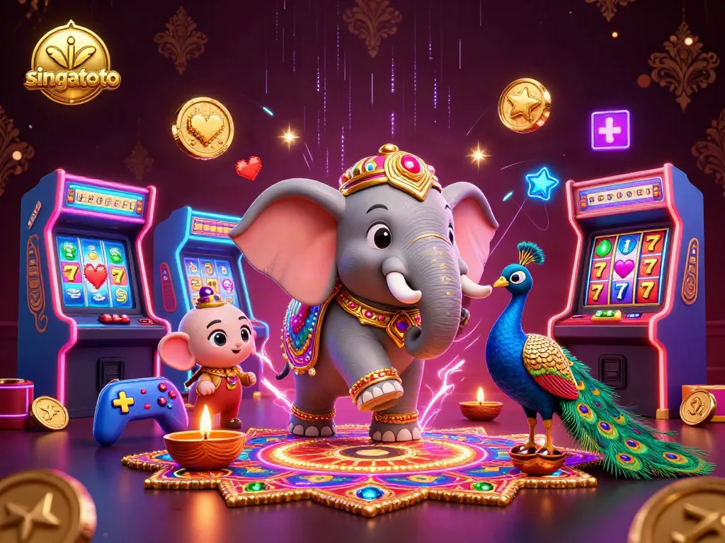 Engage in a vibrant gambling scene featuring singatoto, a Diwali-themed elephant with casino elements.