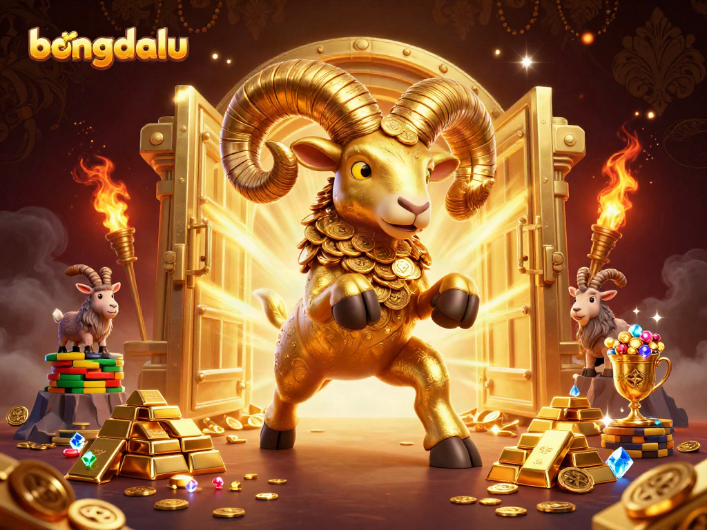 Bongdalu captures the thrill of casino gambling with a charging golden ram amidst riches and gems.