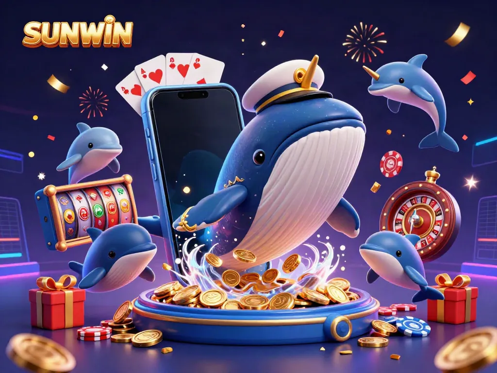 SUNWIN captivates players with a vibrant 3D illustration of a whale in a casino-themed world filled with coins and game elements.