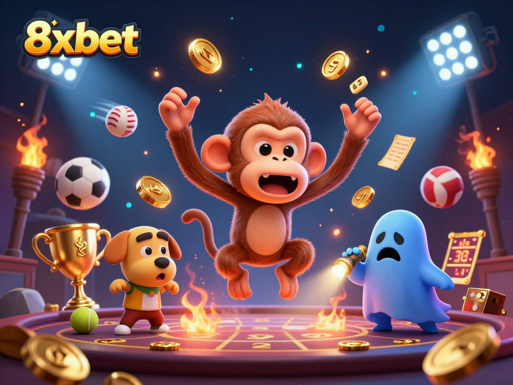 Feel the excitement of 8xbet as a playful poltergeist monkey juggles riches in a vibrant casino adventure.