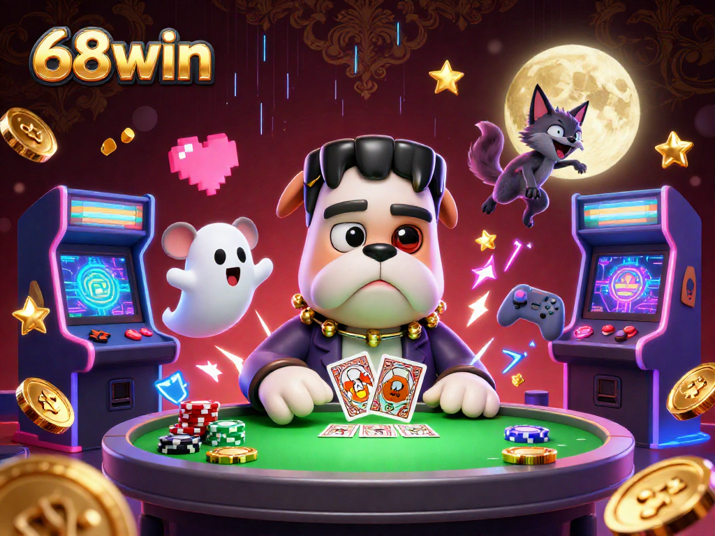 Experience the thrilling world of 68win with a glowing casino scene featuring whimsical characters and vibrant game elements.