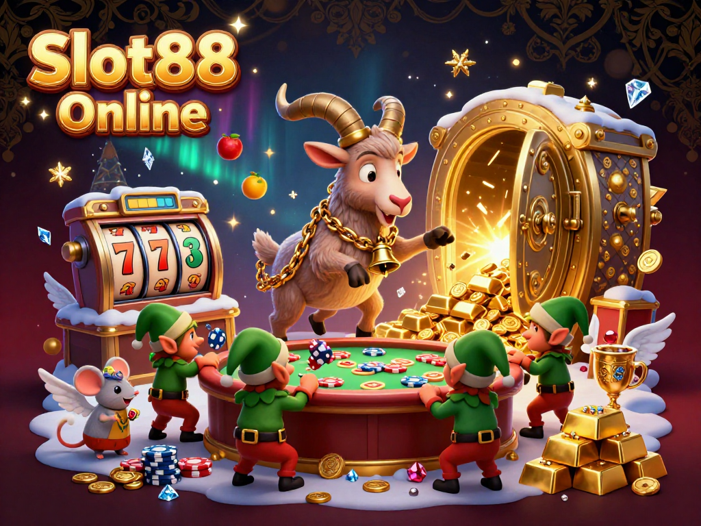 Engage with Slot88 Online in a festive, thrilling casino scene featuring playful characters and lavish treasures.