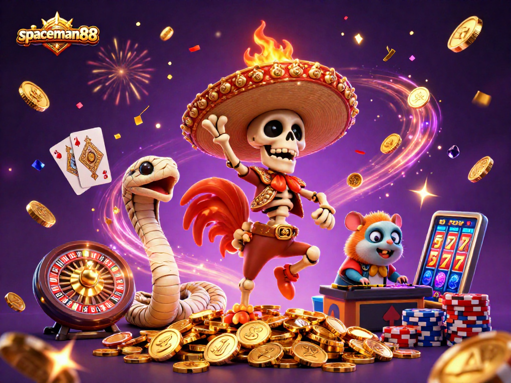 Spaceman88 unleashes an exhilarating victory dance amidst golden coins and slot reels.