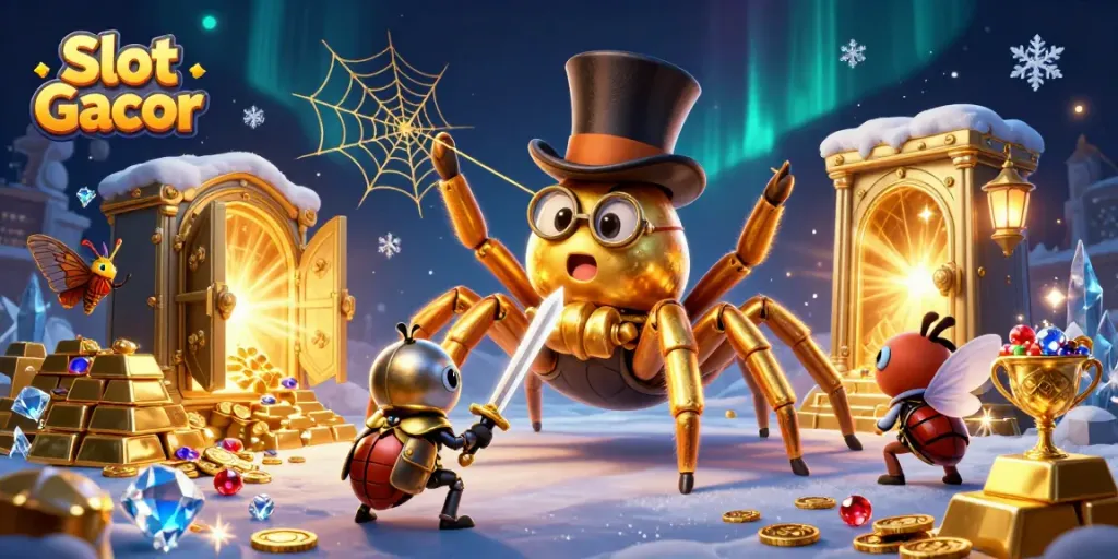 Experience thrilling victories at Slot Gacor with a vibrant scene of golden treasures and playful characters.
