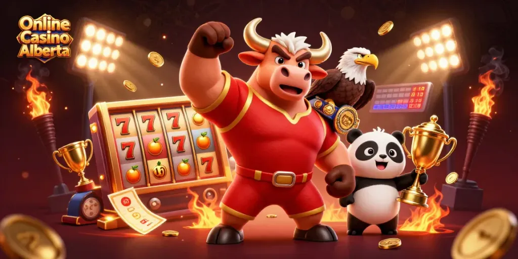 Play slots at Online Casino Alberta with a charismatic bull, eagle, and panda celebrating victory.