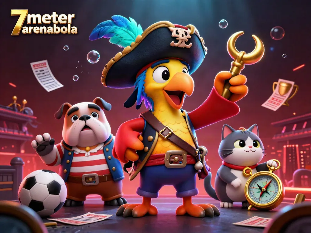 Engage in dynamic football betting with 7meter arenabola, featuring sporty characters and vibrant betting elements.