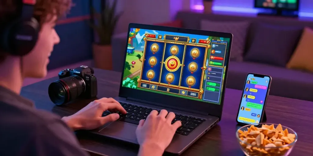 Excited player engaging with a slot game on laptop, colorful graphics and cozy setup.