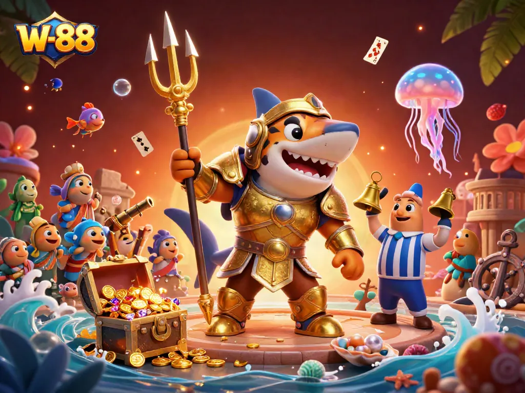 Experience thrilling wins at w-88 with a fierce underwater casino scene featuring a shark and vibrant elements.