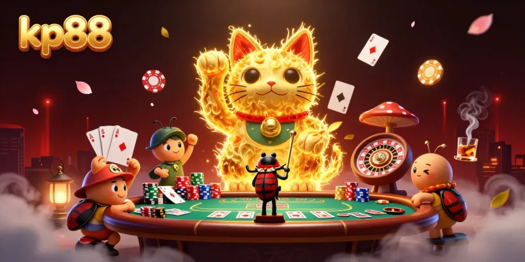 Experience the vibrant kp88 casino world with a dynamic illustration of golden fireflies and poker elements.