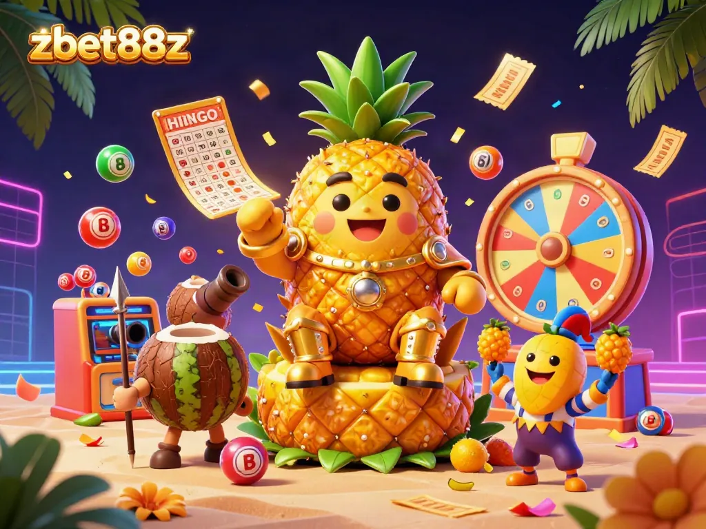 Join the fun with zbet88z as the golden pineapple king rules this vibrant beach casino scene!