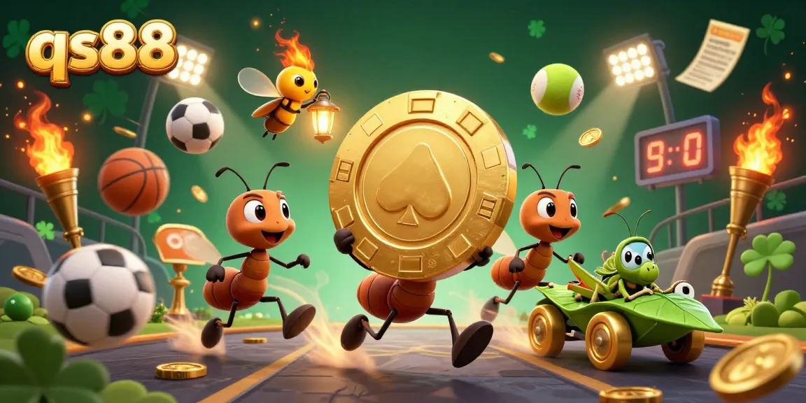 Experience thrilling gaming with qs88 as ants carry a massive chip in a dynamic scene filled with vibrant sports elements.