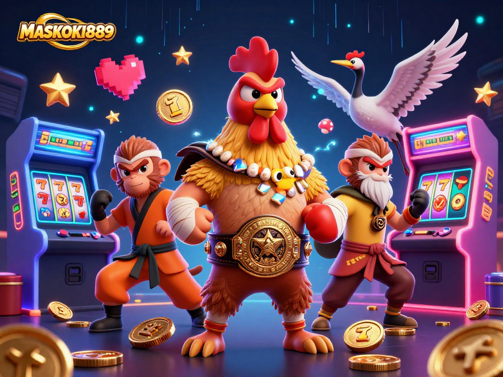 Engage with MASKOKI889 for an exciting online gaming experience featuring vibrant characters and casino elements.