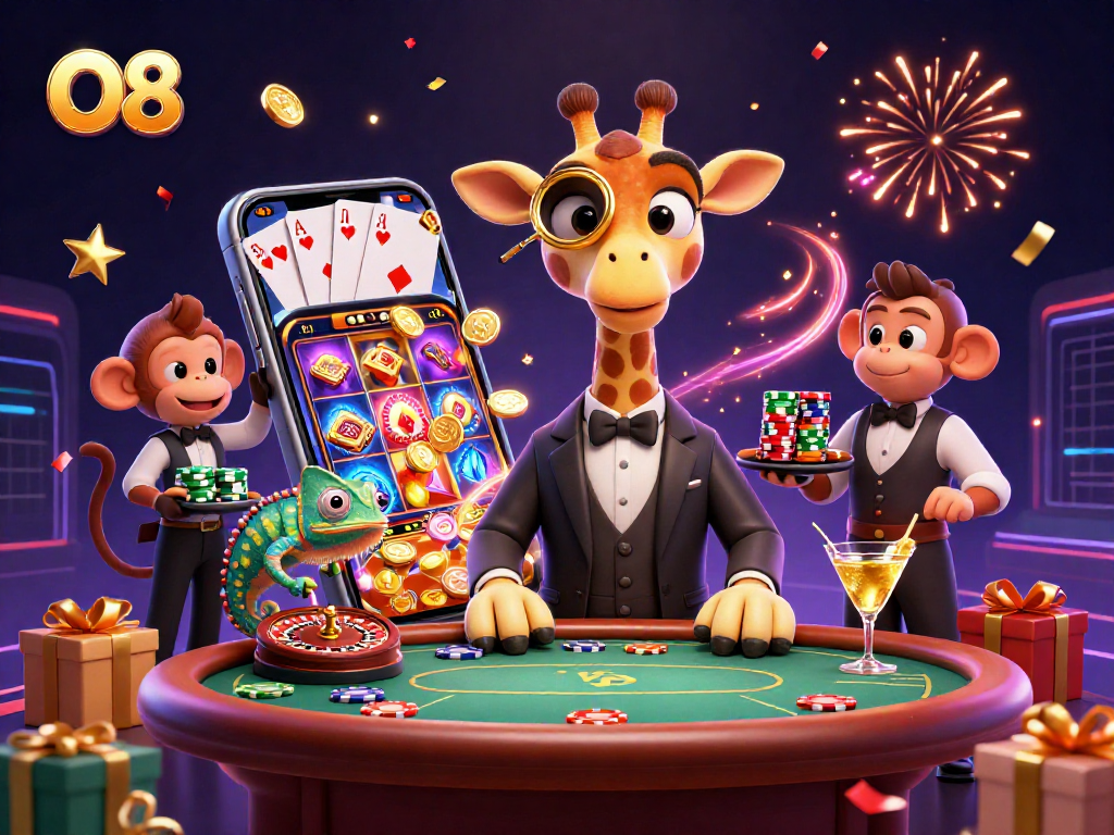 Experience exciting wins at O8 with a high-rolling giraffe, a monkey valet, and a cocktail bartender in this vibrant casino scene.