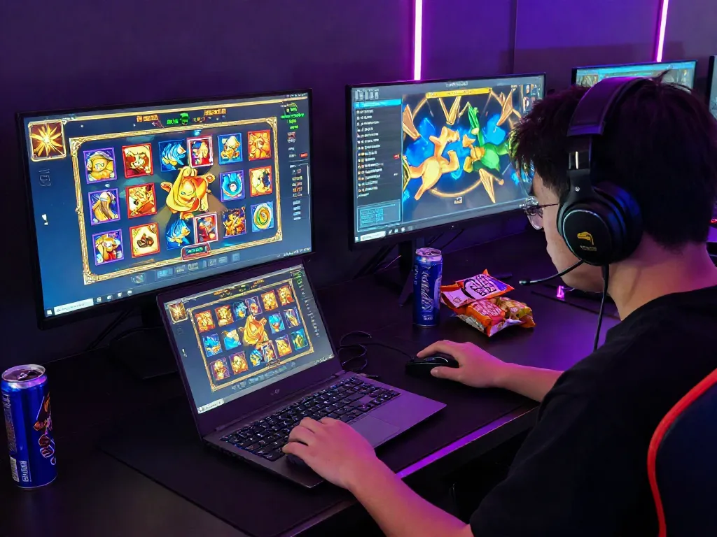 Player engaging with exciting slot games on laptop in vibrant gaming setup, showcasing thrilling online gaming experience.
