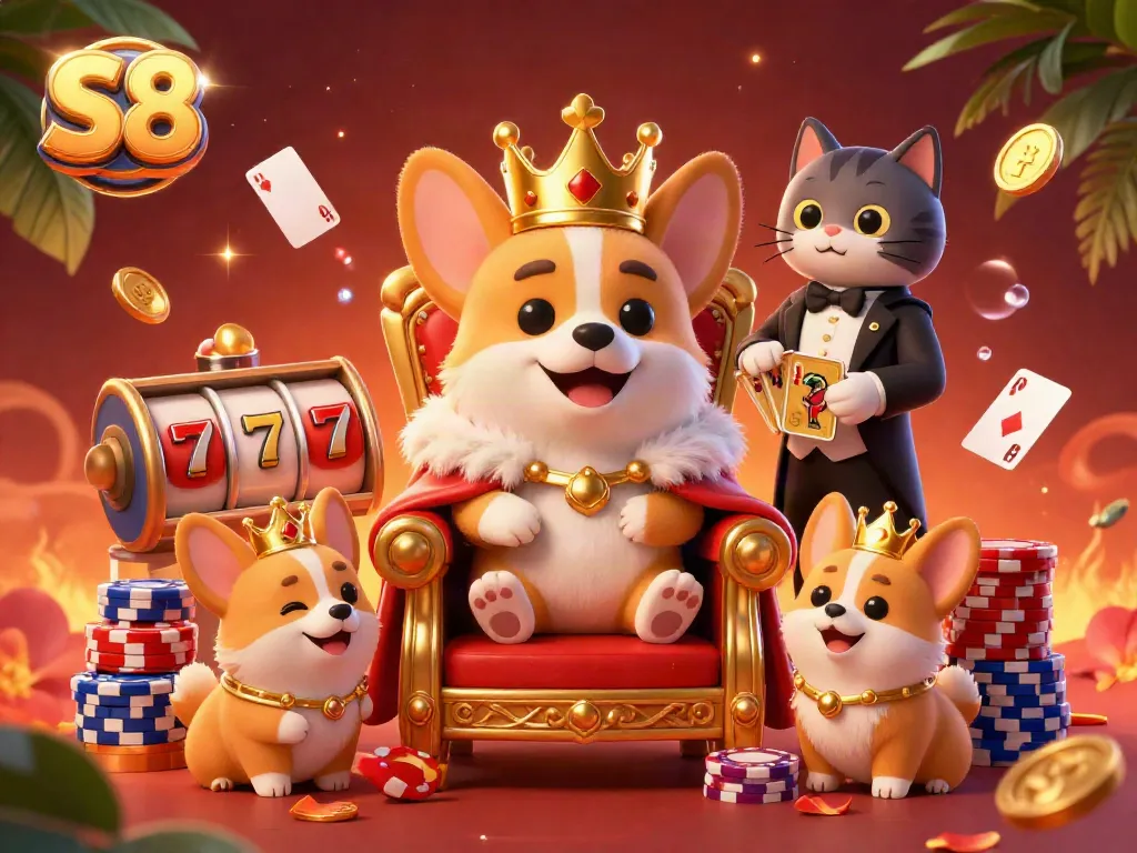 S8-themed casino scene showcasing a royal corgi king amidst gambling elements, ensuring fun engagement.