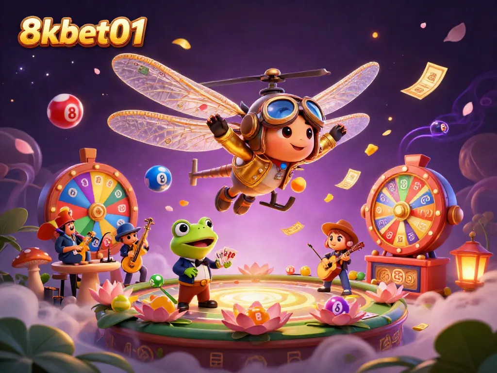 Engage in lively lottery action at 8kbet01 featuring a dragonfly pilot and frog croupier